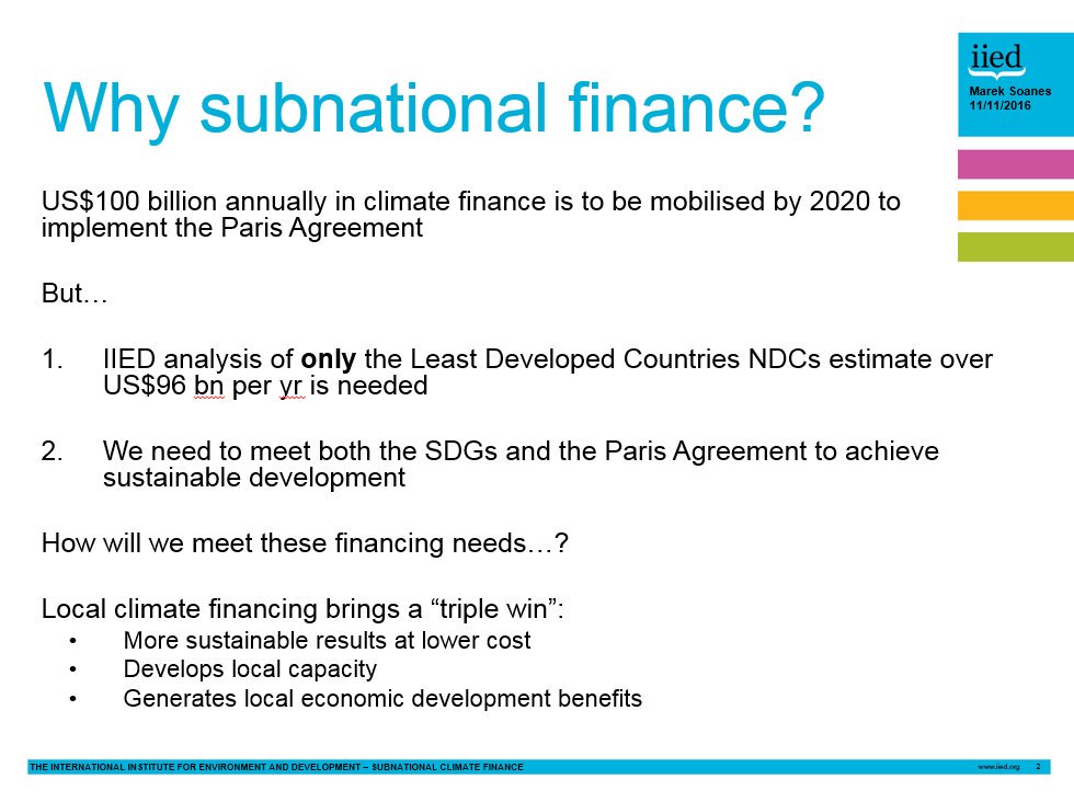 Marek Soanes from IIED is now discussing subnational #climatefinance #COP22 https://t.co/0kjvtbLI8L