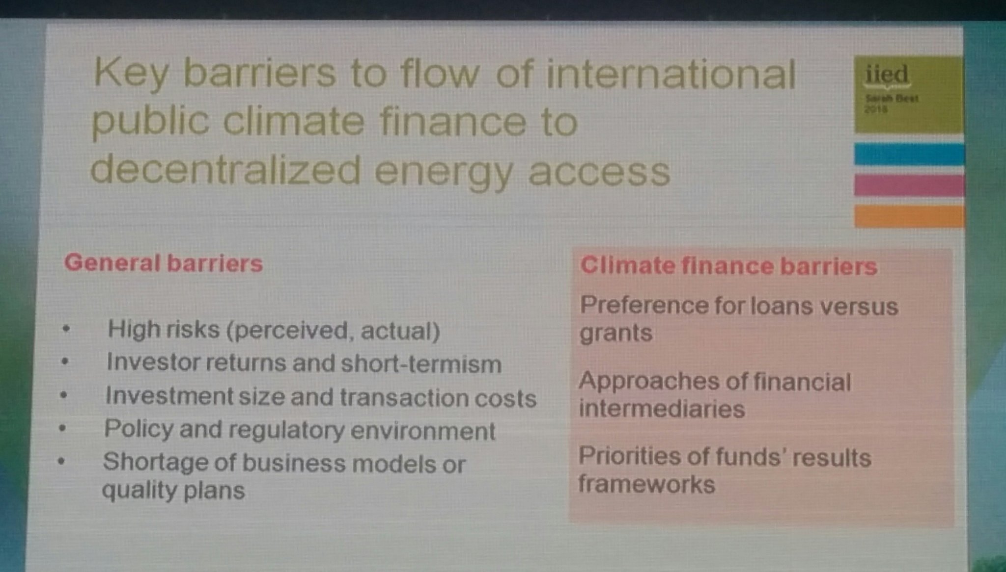 Three #climatefinance barriers identified by Best, including a preference for loans rather than grants for #energyaccess #COP22 https://t.co/06ZwVD0JEB